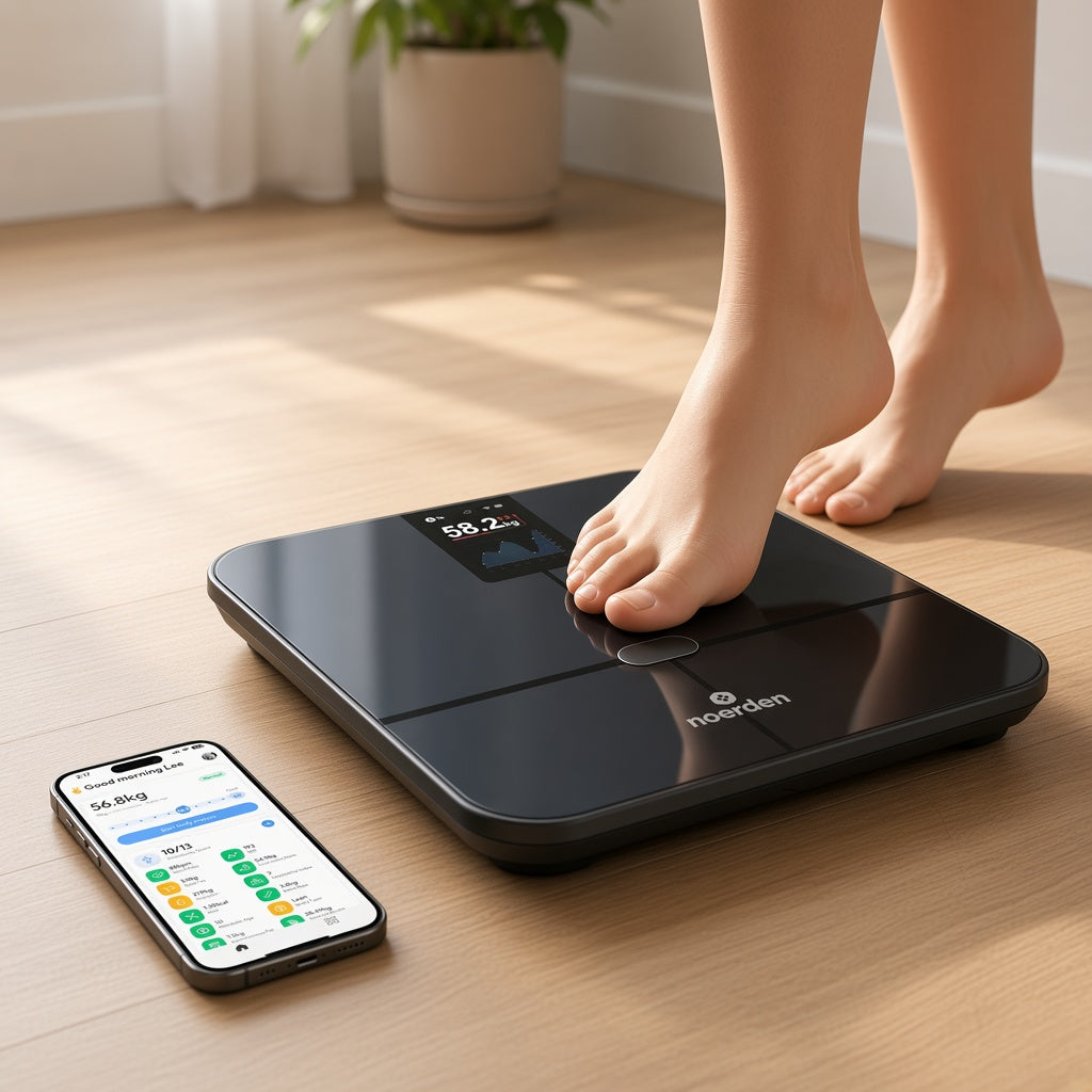 Persona subiéndose descalza a la báscula de bioimpedancia SENSORI+ de NOERDEN con la app en el móvil