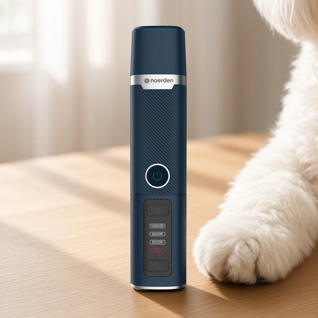 Limador de uñas eléctrico PAWMANI de NOERDEN junto a la pata de un perro