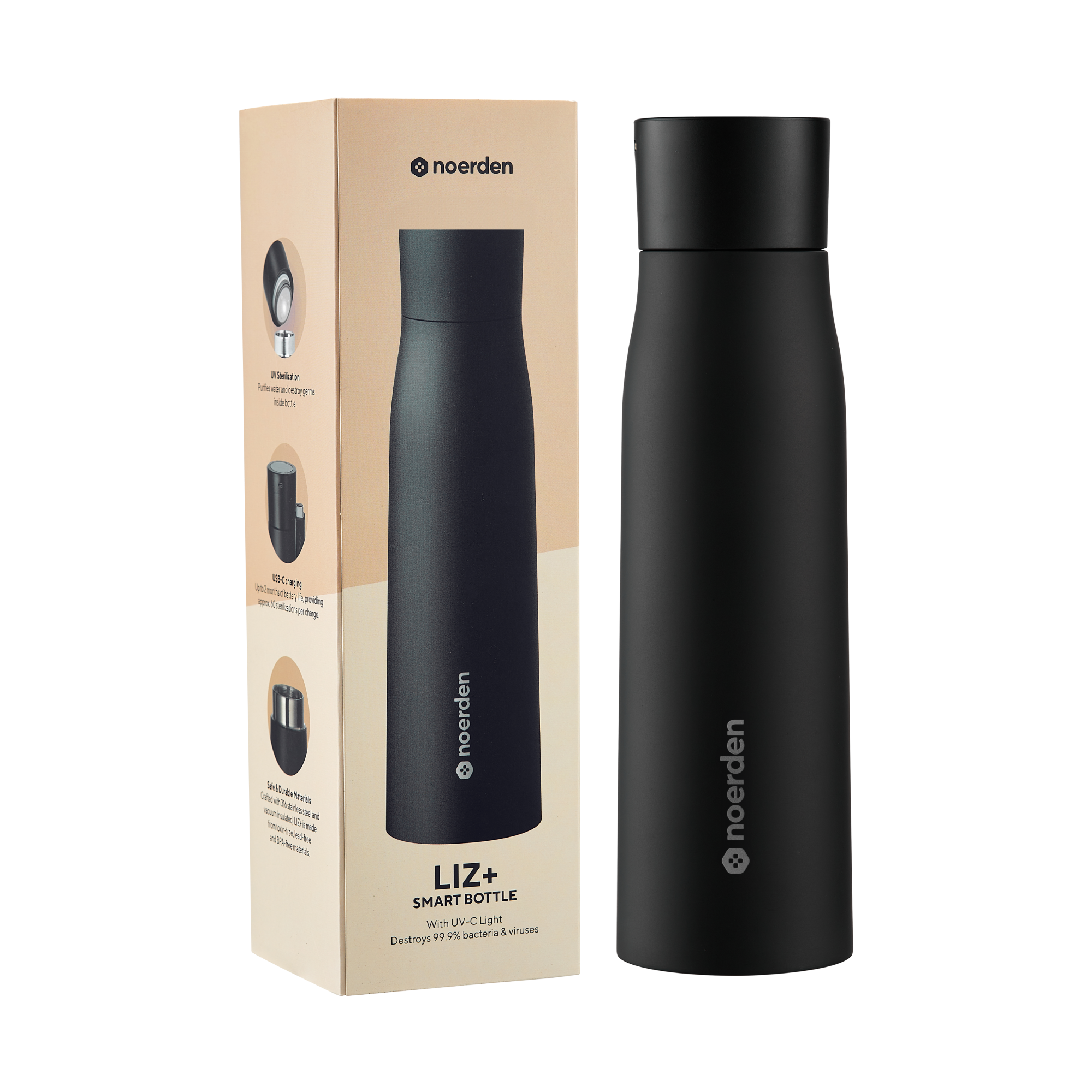 NOERDEN LIZ+ Negro | Botella Inteligente UV-C 480ml con Bluetooth y Autolimpieza