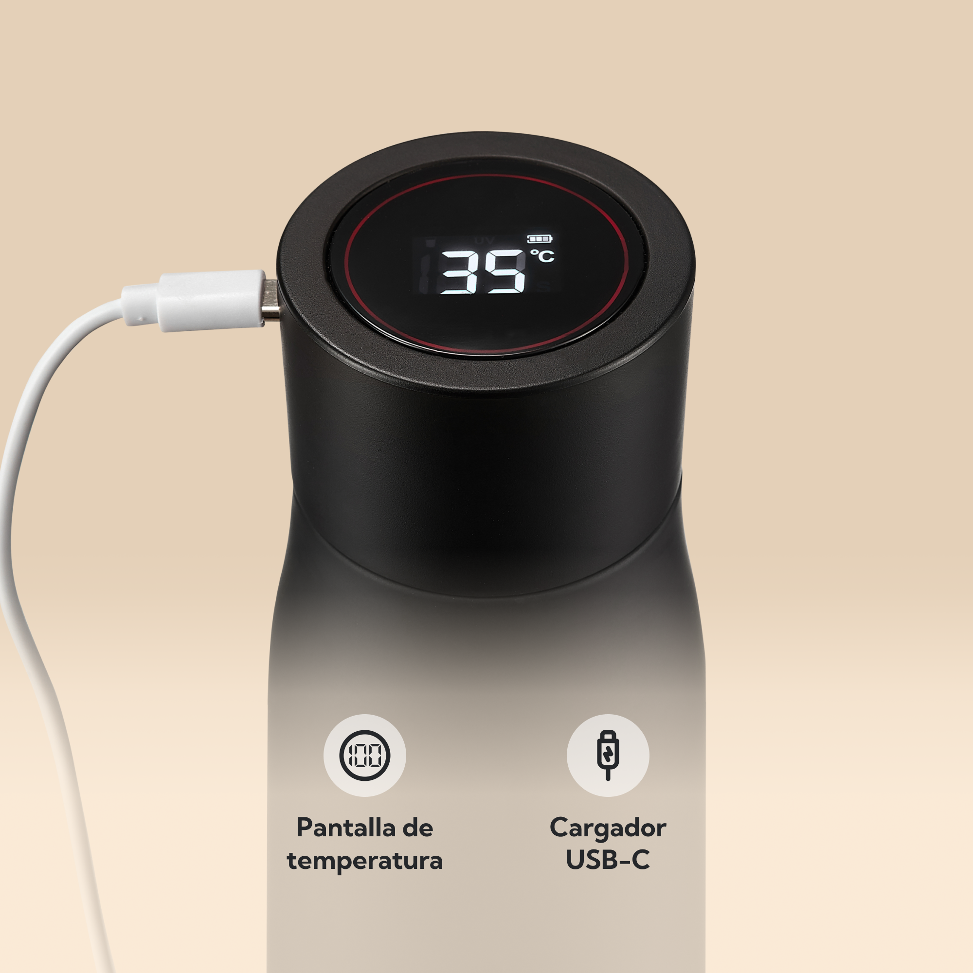 NOERDEN LIZ+ Negro | Botella Inteligente UV-C 480ml con Bluetooth y Autolimpieza