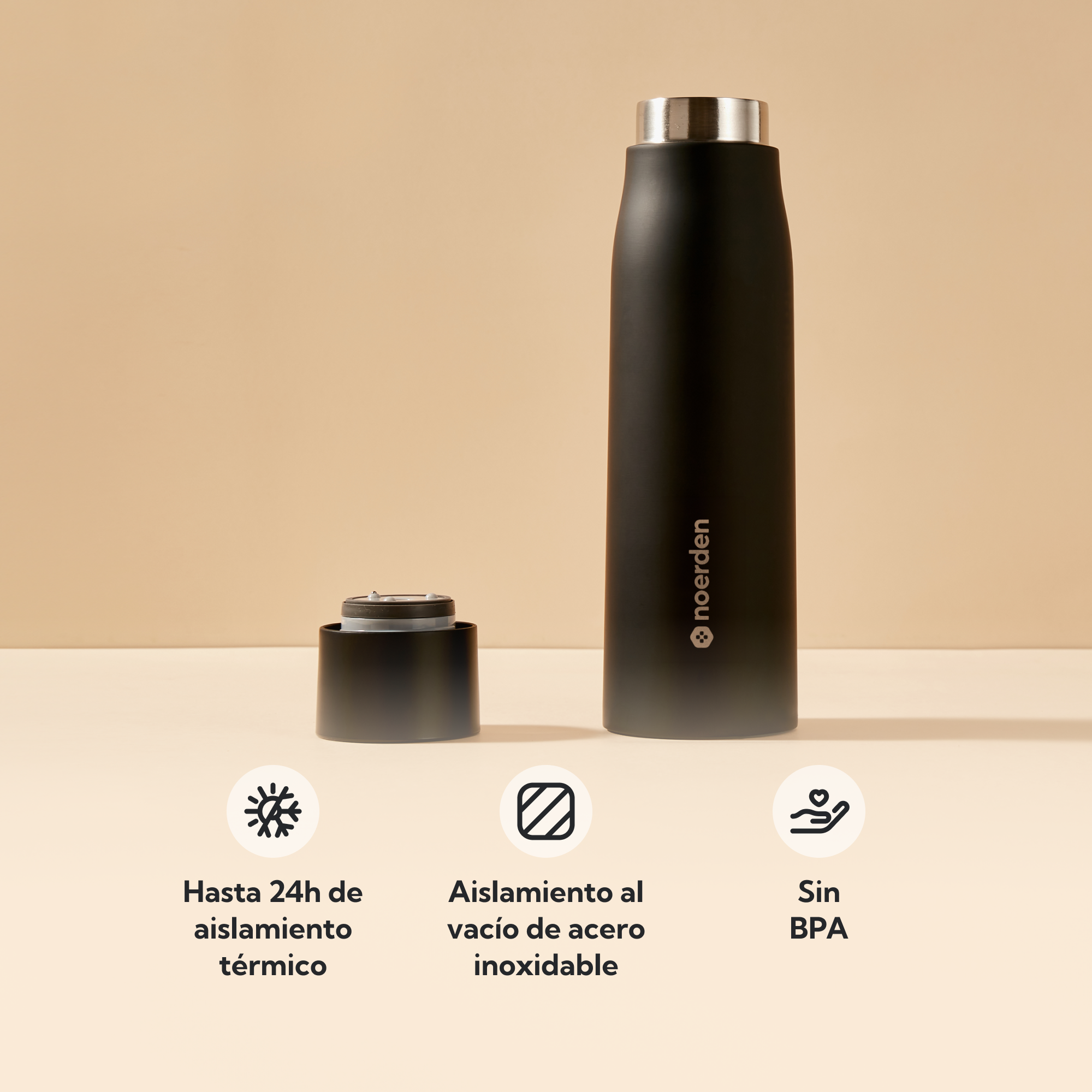 NOERDEN LIZ+ Negro | Botella Inteligente UV-C 480ml con Bluetooth y Autolimpieza