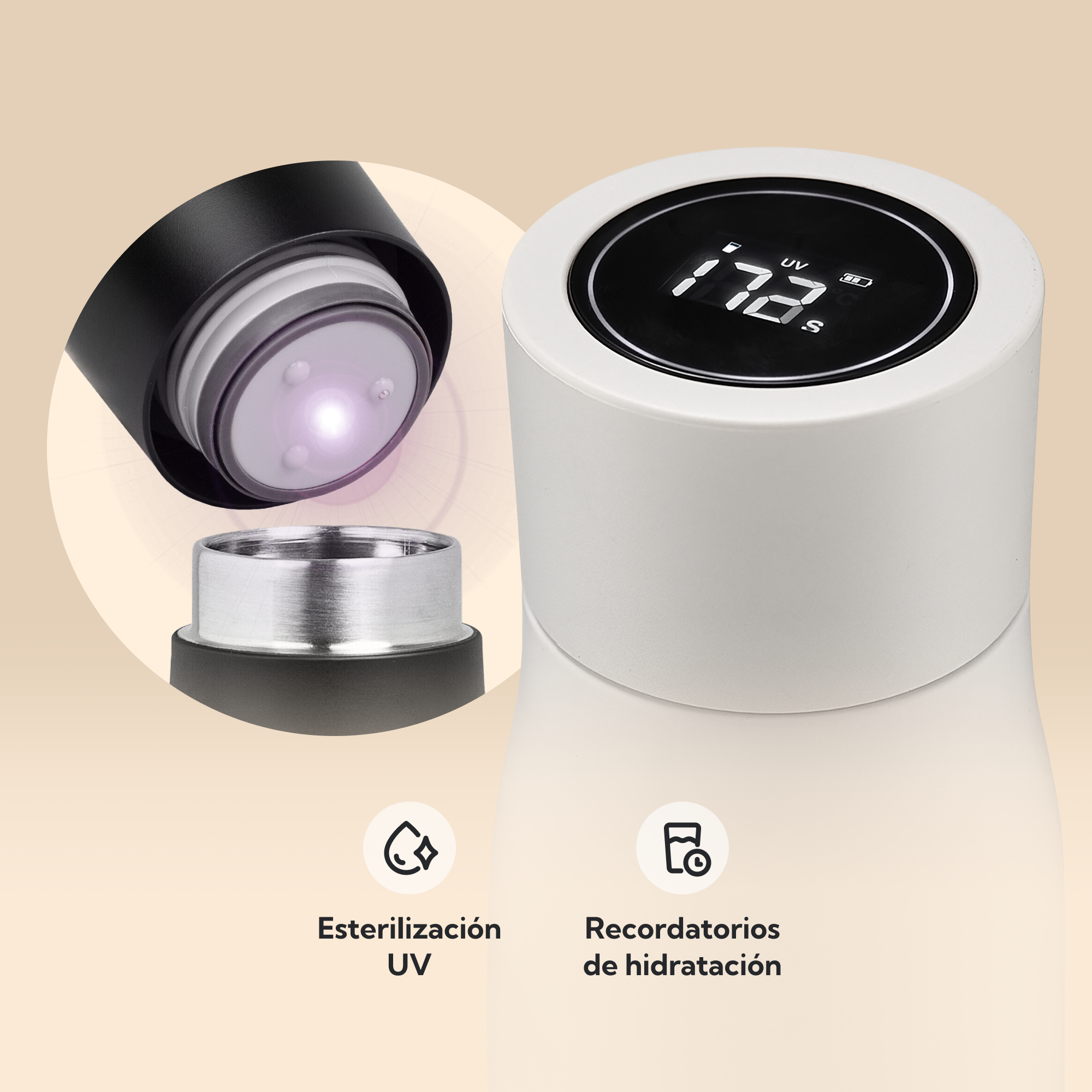 NOERDEN LIZ+ Blanco | Botella Inteligente UV-C 480ml con Bluetooth y Autolimpieza