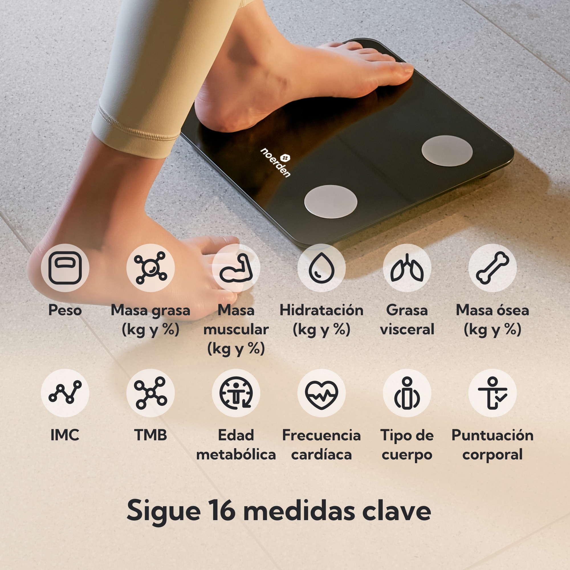 NOERDEN MINIMI+ Negro | Báscula Inteligente con Bioimpedancia y 16 Métricas Corporales