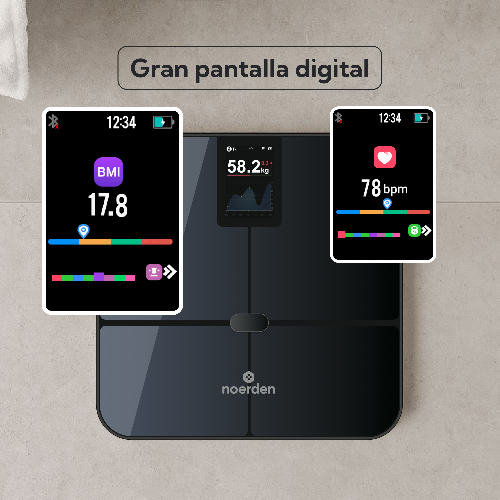 NOERDEN SENSORI+ Negro | Báscula Inteligente WiFi con 19 Métricas y Frecuencia Cardíaca