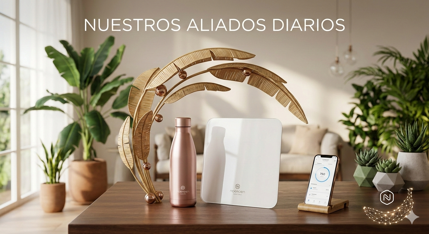 Bodegón minimalista con botella inteligente LIZ y báscula Sensori de Noerden en un salón con plantas, representando un hogar inteligente y saludable.