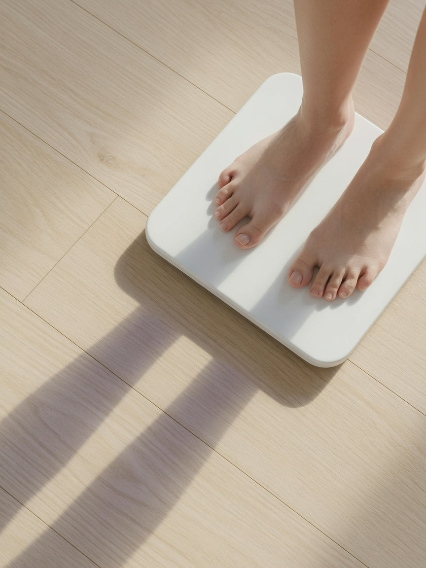 Persona descalza pesándose por la mañana en una báscula inteligente NOERDEN