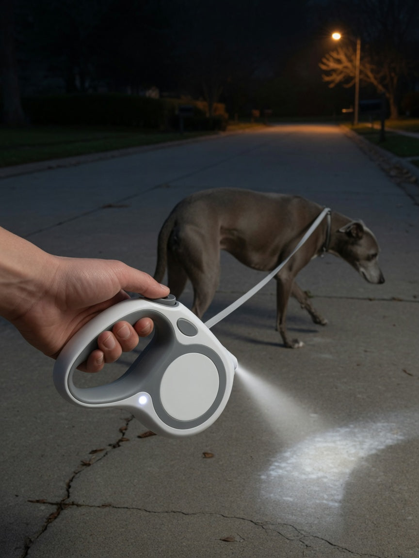 Correa retráctil con linterna LED iluminando el camino en un paseo con perro al anochecer tras el cambio de hora
