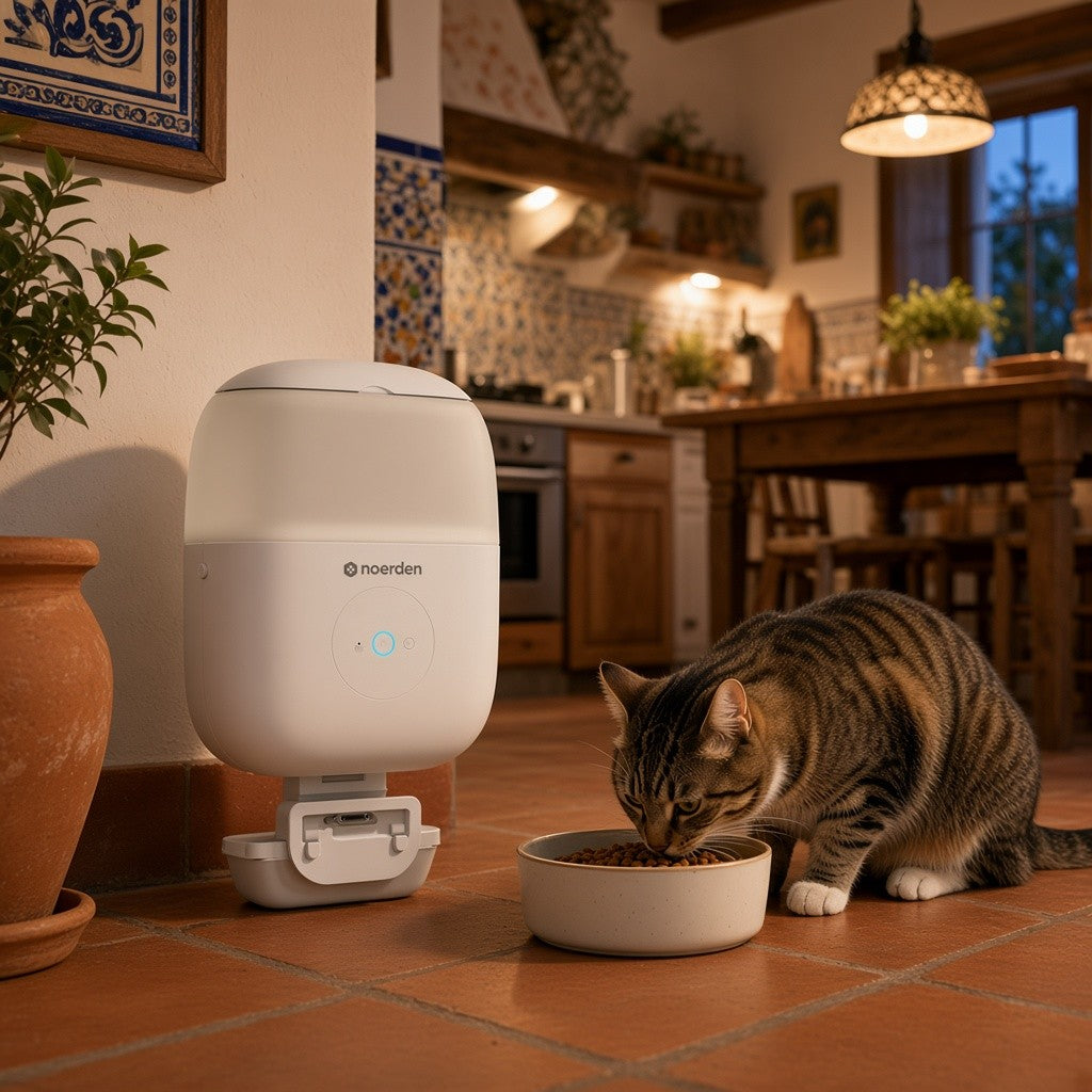Gato comiendo del comedero con cámara HOPPY de NOERDEN en la cocina al anochecer