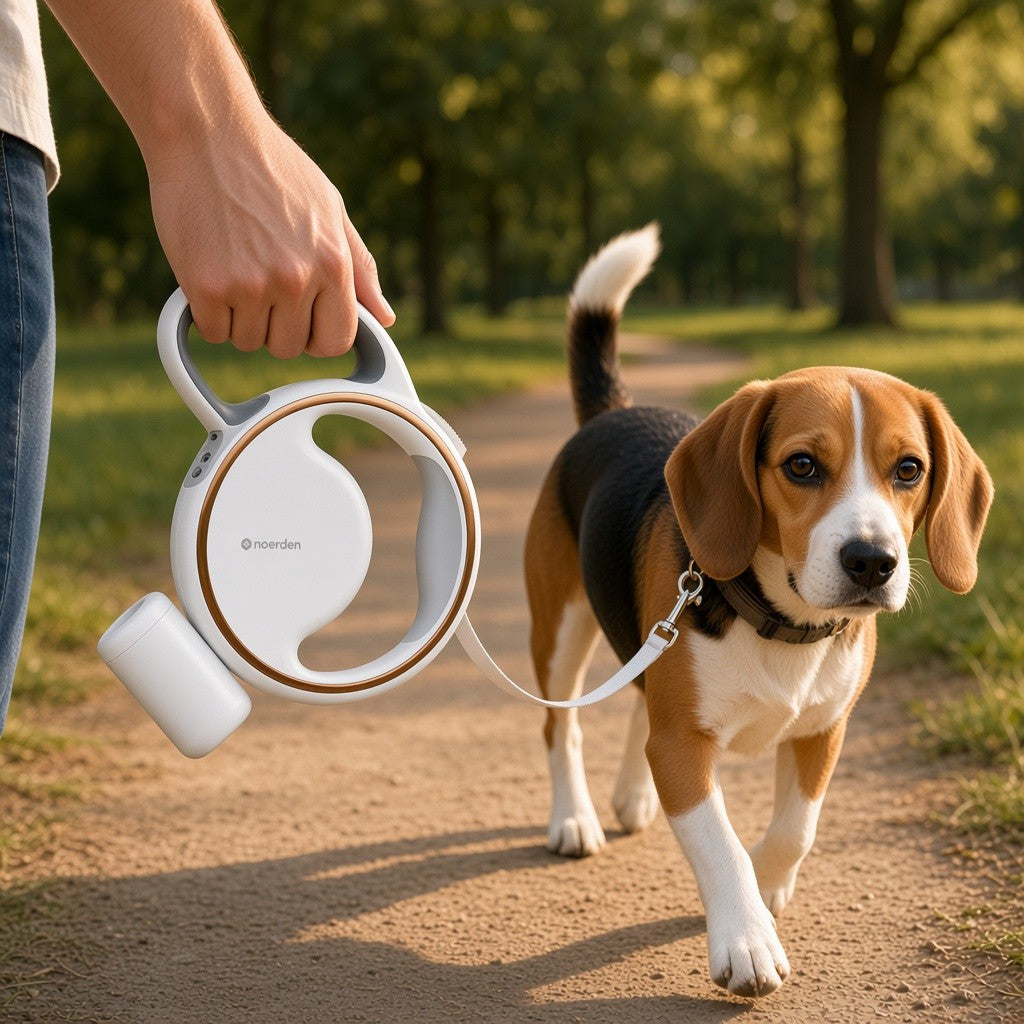 Correa retráctil LUMI LEASH de NOERDEN durante un paseo por el parque