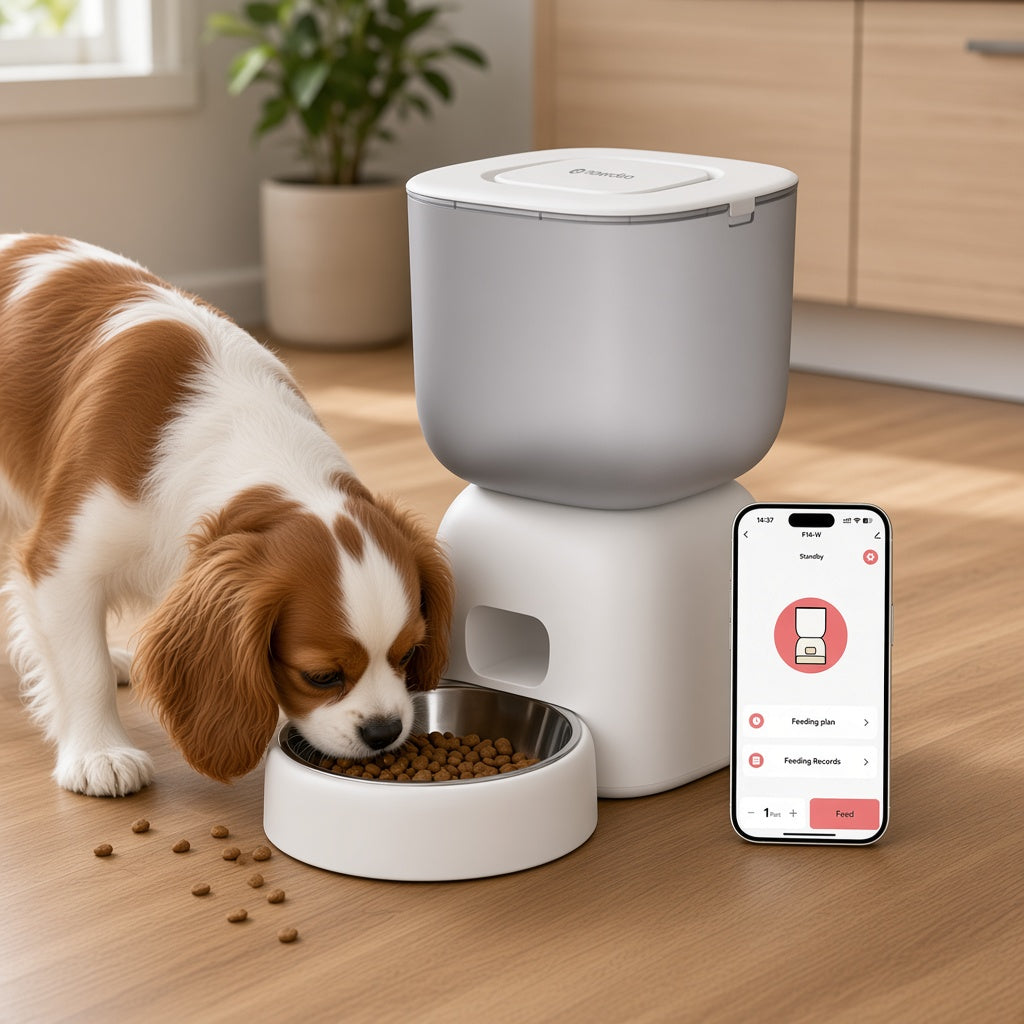 Perro comiendo pienso del comedero automático PETPLATE de NOERDEN