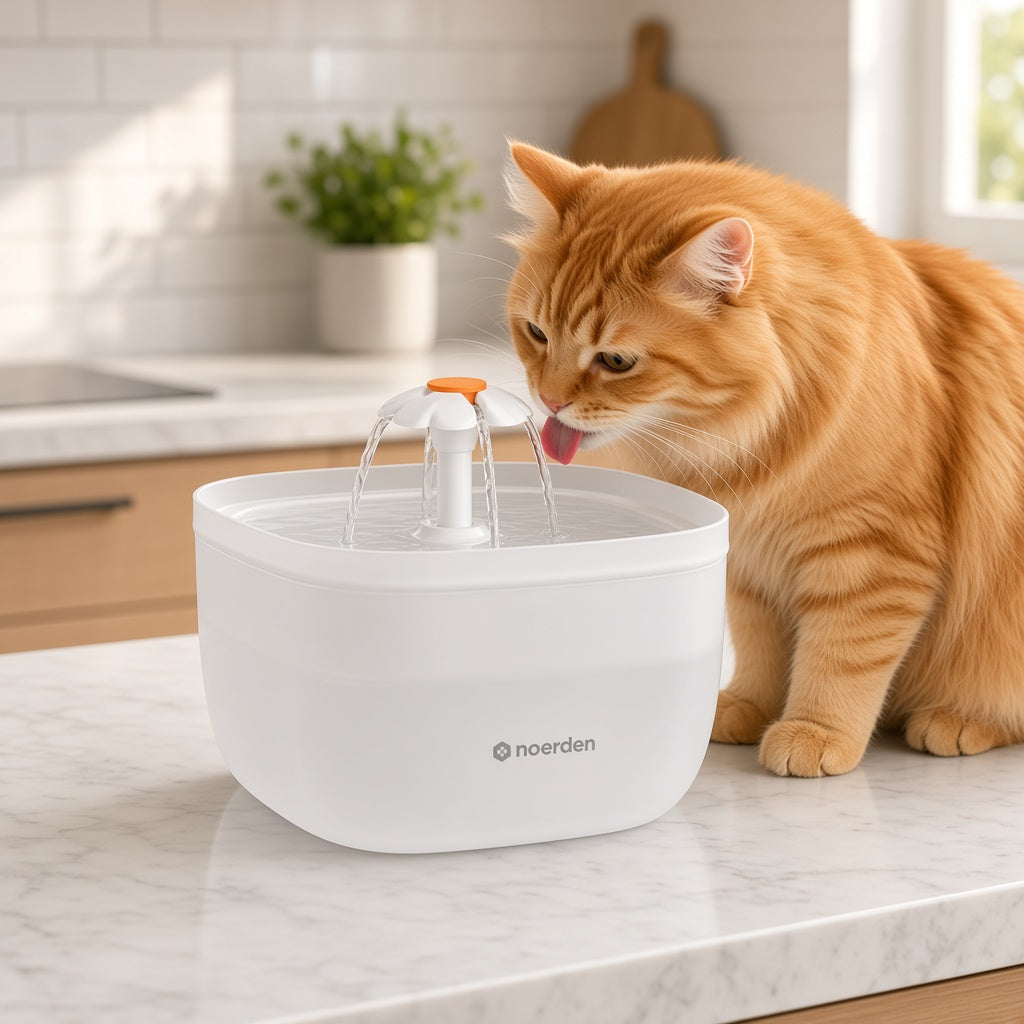 Gato bebiendo de la fuente de agua PAWQUENCH de NOERDEN en la cocina