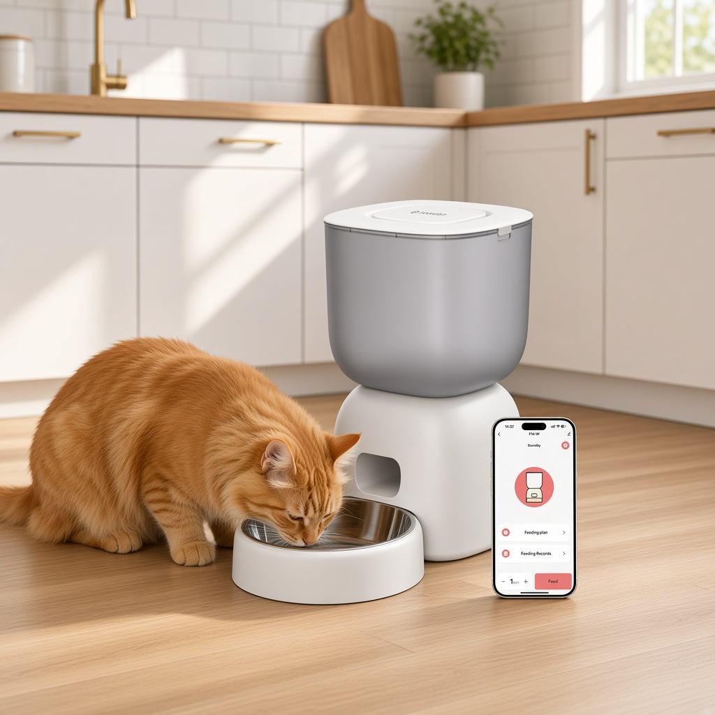 Gato comiendo del comedero automático PETPLATE de NOERDEN en la cocina