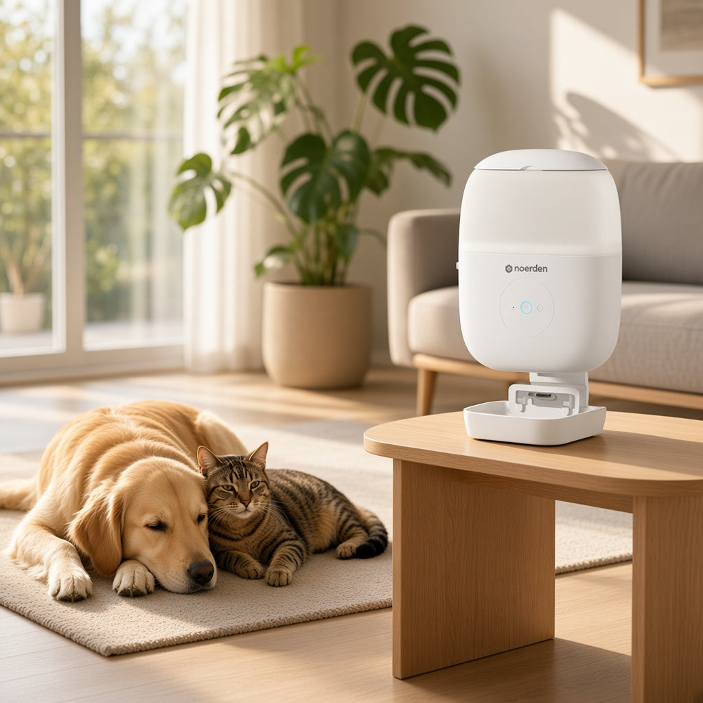 Perro y gato descansando en salón moderno junto al comedero inteligente HOPPY de NOERDEN en verano