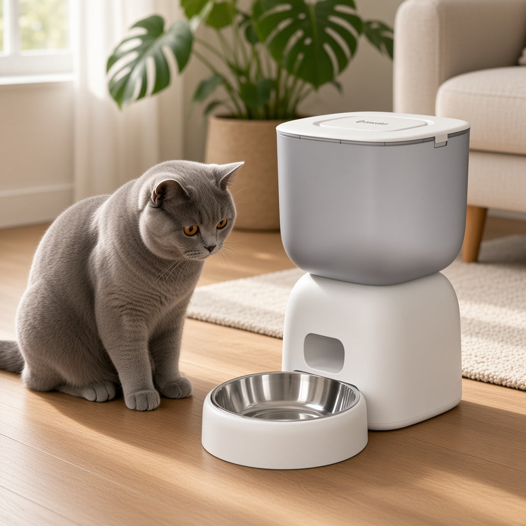 Gato esperando su ración frente al comedero automático PETPLATE de NOERDEN