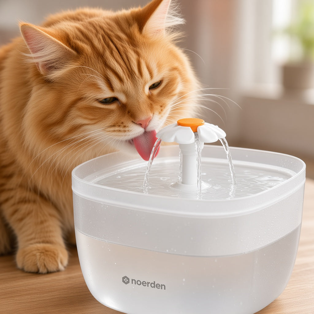 Primer plano de un gato bebiendo de la fuente PAWQUENCH de NOERDEN