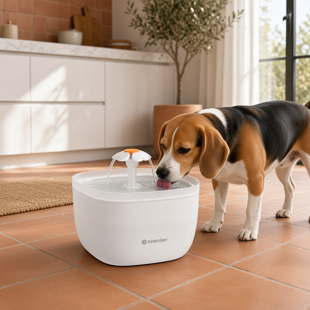 Perro bebiendo de la fuente de agua PAWQUENCH de NOERDEN en la cocina