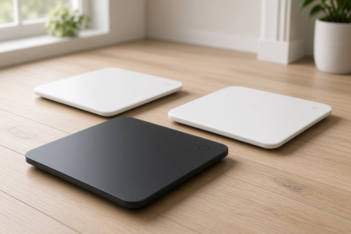 Tres básculas inteligentes NOERDEN: MINIMI+, SENSORI+ y VITA, una junto a otra