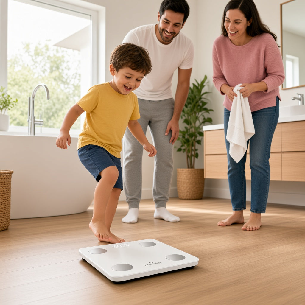 Familia usando la báscula inteligente VITA de NOERDEN, con perfiles para cada persona