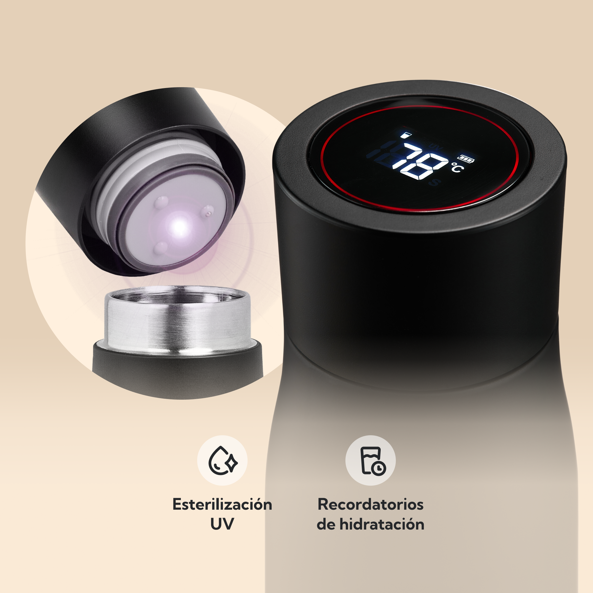 NOERDEN LIZ+ Negro | Botella Inteligente UV-C 480ml con Bluetooth y Autolimpieza
