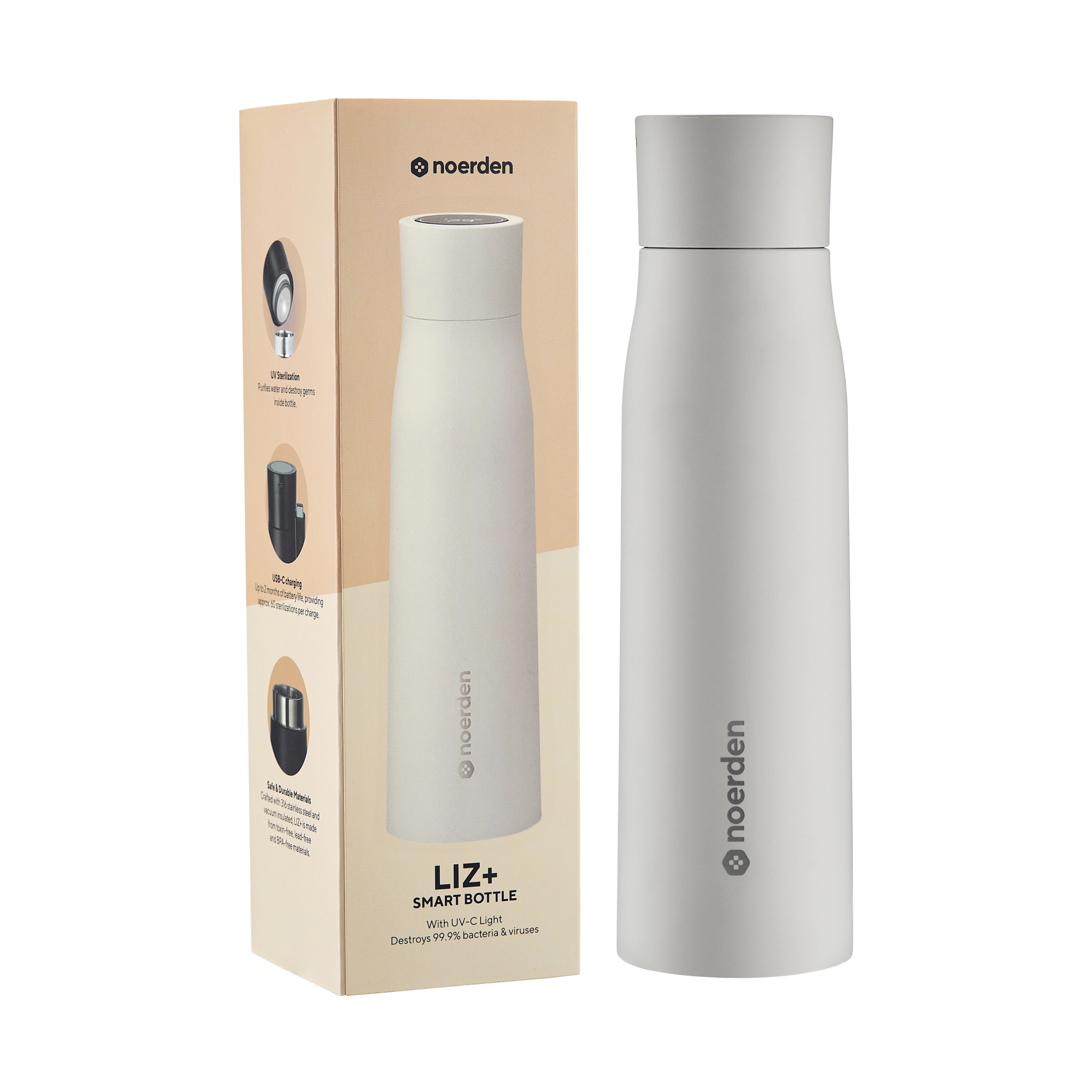 NOERDEN LIZ+ Blanco | Botella Inteligente UV-C 480ml con Bluetooth y Autolimpieza