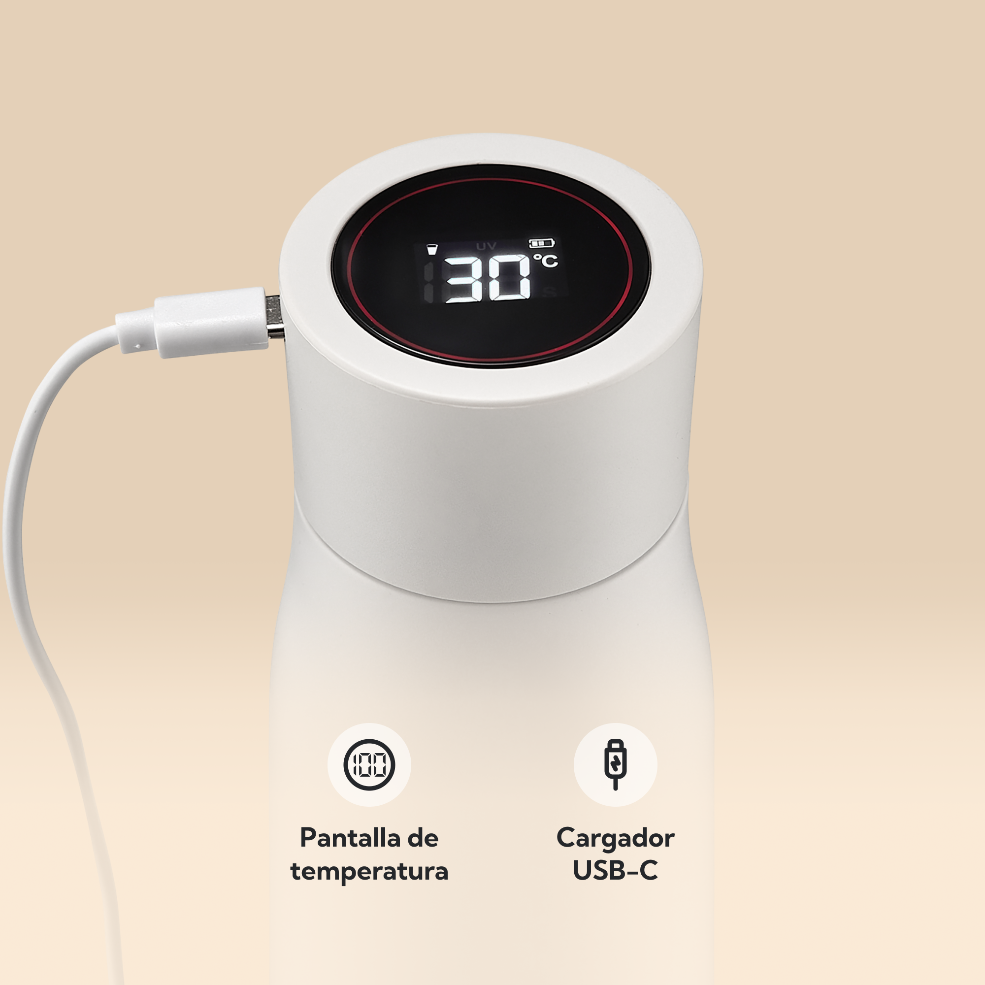 NOERDEN LIZ+ Blanco | Botella Inteligente UV-C 480ml con Bluetooth y Autolimpieza