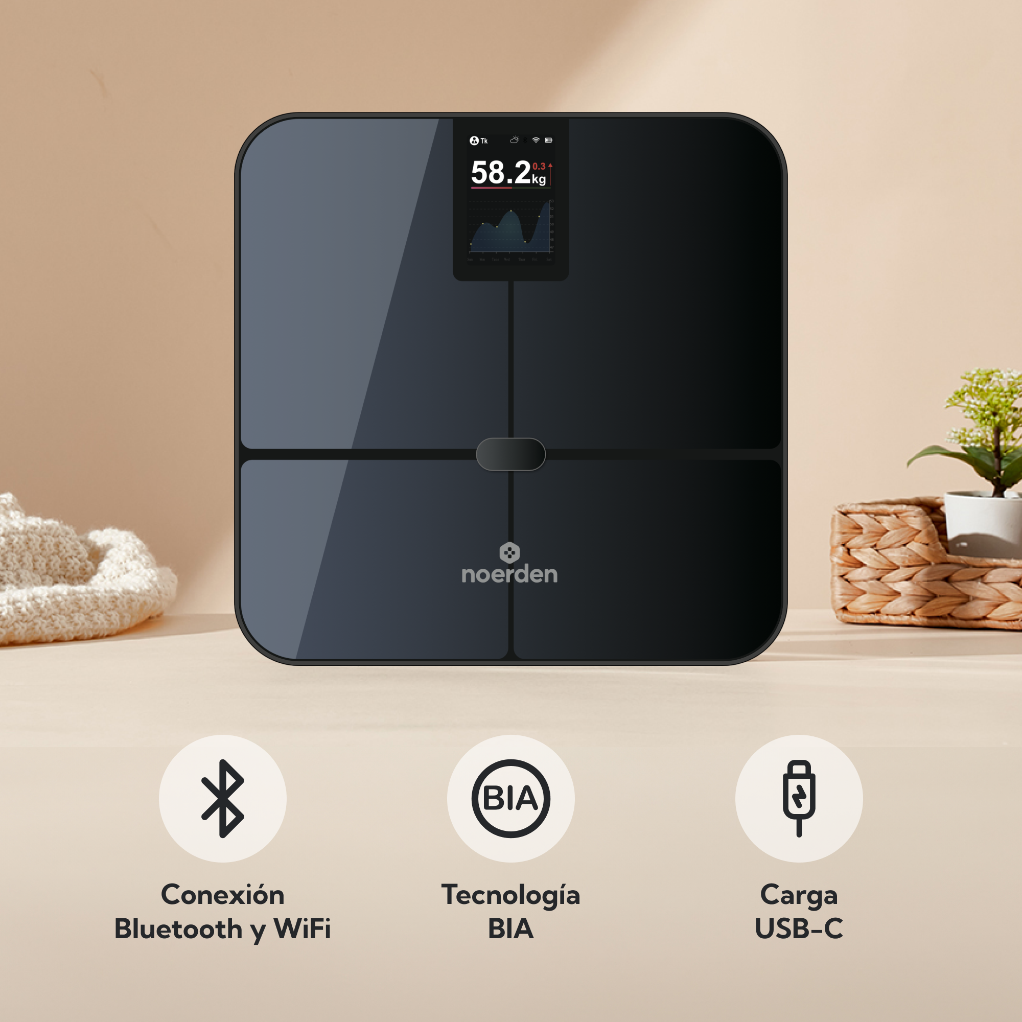NOERDEN SENSORI+ Negro | Báscula Inteligente WiFi con 19 Métricas y Frecuencia Cardíaca