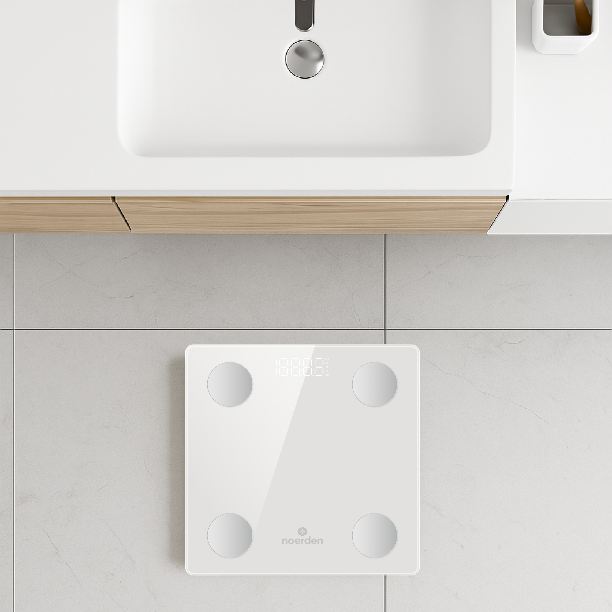 Báscula Inteligente VITA Blanco white smart device display showing metrics and interface